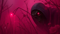 menacing creep, Russ Mills style, cinematic, deep pink, carnation pink, misty rose