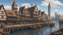 gothic medieval wooden harbour with piers and ships, people, shops, bridges, arches, balconies, taverns, blue sky, photorealistic