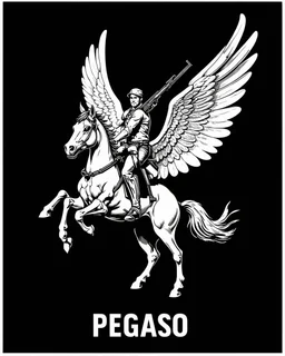 A detailed and macabre illustration of the winged pegasus horse flying, with the jaw and chest bones clearly visible. On the pegasus horse there is a man rider with all his body bones clearly visible, the man rider carries a large AK 47 rifle on his back. The background of the image is black. Below the text "PEGASO".