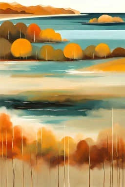 "Create an abstract modern landscape painting depicting a autumn scene of the sea with a shore. Use a style that focuses on broad swaths and minimal details. The painting should capture the essence of the season and evoke a sense of tranquility and openness. Use transparent colors and bold brushstrokes to bring the composition to life."