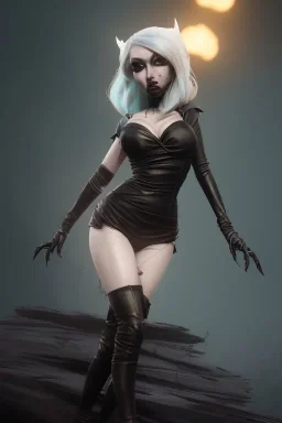 Mari Blanchard in a black leather gown, evil, femme fatale, villain, leather, busty, cleavage, angry, stern look. character design by cory loftis, fenghua zhong, ryohei hase, ismail inceoglu and ruan jia. unreal engine 5, artistic lighting, highly detailed, photorealistic, fantasy