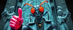 eraser head psychedelic neon coy insect cyberpunk cowboy pointing thumbs up brilliant detailed full figure portrait disco glittery fluffy muscle man anime in the style of Escher and Giger in front of dented marble tower of transparent glass statues