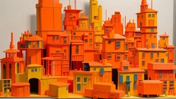 An orange colored town made out of toys painted by Piet Mondrian