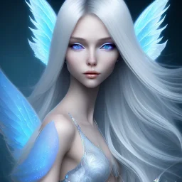  beautiful, soft, big smiling face, blue and brilliant atmosphere, long straight blond hair, big fairies transparent wings in the back