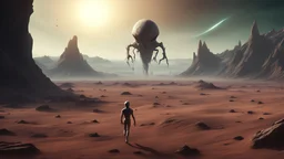 Generate a stange alien planet, with monster running in the field, in a valley of death, HD