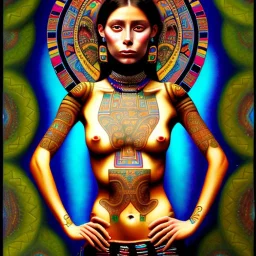 dibujo al oleo de cuerpo entero de mujer tribal Azteca bella con tatuajes estilo Gustav Klimt