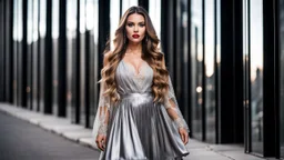 very beautiful model lady with makeup and beautiful modern fashion midi pleated velvet dark silver lace skirt with lace edges and modern loose lace top with a loose over, curvy silver long hair, standing in a modern city open satge with 8 cubic mirrors(each with 4 equal hight and equal width, vertical mirror), each vertical on its own short rotating base. with some small lights on crystal frames, on roof of a skyscraper with city escape at background, with animating dynamic lights with high