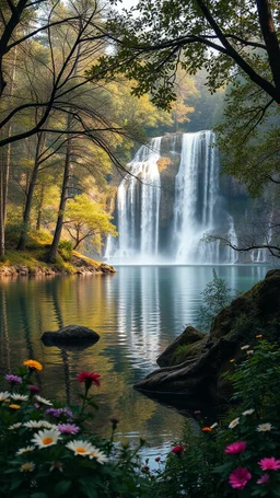 A waterfall on A lake, trees, flowers, 8k, high quality, trending art, trending on artstation, sharp focus, studio photo, intricate details, highly detailed, by greg rutkowski