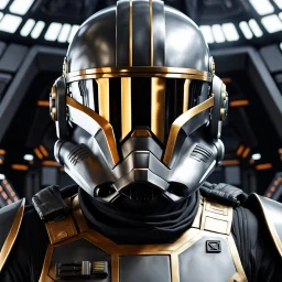 star wars bald male corellian pilot wearing dark gunmetal grey and black First Order special forces TIE pilot armored flightsuit and helmet with gold trim inside the jedi temple, centered head and shoulders portrait, hyperdetailed, dynamic lighting, hyperdetailed background, 8k resolution, volumetric lighting, light skin, fully symmetric details