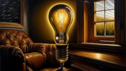 A hyper-realistic oil painting of a light bulb casting a warm glow in a dark room, reflecting off a cornfield outside the window, all set against a backdrop of luxurious leather furniture