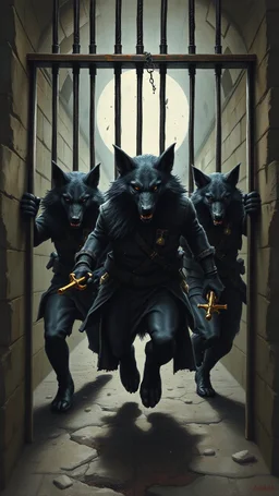 Bosch painting style , three black wolfs men destroyed the prison bars and gate and escaped run free