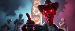 smoke light rays, depth of field, awake in a dream eraser head psychedelic neon coy cyberpunk cowboy pointing thumbs up brilliant detailed full figure portrait disco glittery fluffy slender man anime in the style of Escher and Giger in front of dented marble tower of transparent glass statues