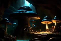 Digital art, high quality, digital masterpiece, natural illumination, night,night illumination, spotlight, realistic, film style, beautiful, (full body:3), (1 Funghi elf, with arms:3), (stoic face:1.8), (Towers emerging fat background:1.8), (In a cave:1.5), (Crown:1.6), (Dark:2), perfect hands