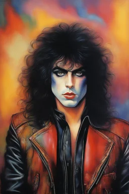 text "KISS" - facial portrait with makeup - 20-year-old Paul Stanley with long, wavy curly black 1980's style big hair, wearing a black leather jacket, extremely colorful, multicolored watercolor stained wall in the background - in the art style of Boris Vallejo, Frank Frazetta, Julie bell, Caravaggio, Rembrandt, Michelangelo, Picasso, Gilbert Stuart, Gerald Brom, Thomas Kinkade, Neal Adams - explosions, flames, fog, clouds, dust,