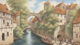 medieval buildings, balconies overhanging a river, blue sky and people, photorealism, trees, foliage, piers,