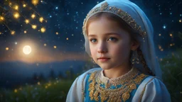 little young Ukrainian girl, peaceful, gentle, calm, wise, traditional Ukrainian costume, perfect eyes, exquisite composition, night scene, fireflies, moon, stars, beautiful intricate insanely detailed octane render, trending on artstation, 8k artistic photography, photorealistic concept art, soft natural volumetric cinematic perfect light, chiaroscuro, award-winning photograph, masterpiece, raphael, caravaggio, William-Adolphe Bouguereau, alma-tadema