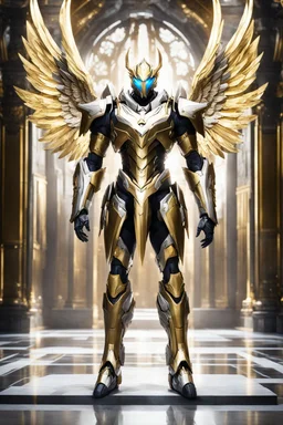 Full body Excellent pose style Facing front Photography a man as Angel king Cyborg dressing armor warframe Mecha Robo Golden and palace background