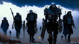 Bio-engineered undead robot army marching, machine army, weapons, tactical wear, gas masks, dark winter landscape, techno gothic aesthetic, epic, science fiction painting, Denis Sarazhin, Alex Colville, Simon Stålenhag, Neil Blomkamp, Frank bowling, Christopher Shy, Alejandro Burdisio, Tye MRAW, gritty, high contrast, atmospheric horror art, suspenseful, vivid, neon overlay, glitch grunge, harsh textures, dramatic, surreal horror, gestural, retro futuristic, nightmarish art, apocalyptic art,