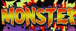 monster more angry and more 90s style, angry fast, extreme, wild, so so angry, red and purple background with 90s style slashes, 45 degree angle, ferce,