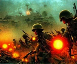 vietnam war. war. napalm. bokeh. lens flare. warm lights. high detailed. beksinski