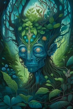 Ultra detailed illustration of a humanoid plant lost in a magical forest, skin made of tree bark, green sclera, hair is vines, shiny, bioluminescent flora, flowers around hair, incredibly detailed, pastel colors, hand painted strokes, visible strokes, oil painting, Mschiffer art, night, bioluminescence, earrings in the ears with bunches of grapes