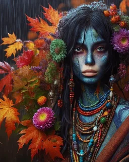 Vibrant autumn foliage in a rain-kissed setting, Ikebana arrangement, Haiku poetry inspiration, Japanese garden elements, autumn asters, Utagawa Hiroshige essence, Isaac Levitan influence, woman with dark skin, tribal markings, mysterious expression, piercing eyes, flowing black hair, colorful beads, layered textiles, bright hues, ornate jewelry, cultural richness, dark, blurred backdrop, GoBi, Наталья И-ва.Mystical character with pale blue scaly skin, icy green eyes, dark eyeliner, cascading da