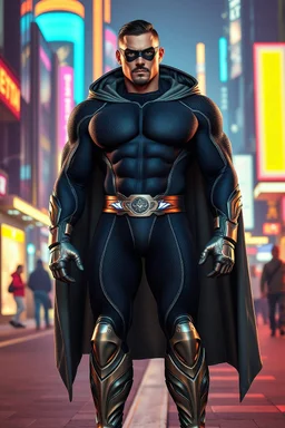 A giant, muscular man with extra-short, crew cut, black hair, blue eyes, short, trimmed goatee, standing stoically on the street in the neon lit, futuristic City of Xanadu prime, wearing a long-sleeved, highly textured, black body suit with gray piping that forms to his muscular frame, he has a silver lightning belt, silver wrist gauntlets, silver, knee-high boots, gray cape, he has the symbol of Xanadu Prime on his chest, and a thin black leather bandit eye mask
