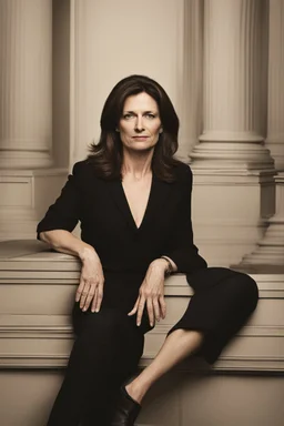 Powerful classical portrait of a modern brunette politician in her late 40s wearing a dark top a little zoomed out