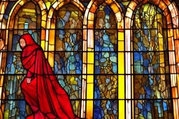 Cloaked woman holding fire on stain glass window