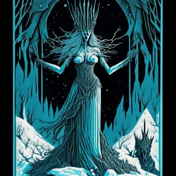 The ice queen's embrace, by Godmachine, heavy metal art, surreal sketch, tarot card aesthetic, cold colors, minimalism,