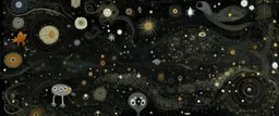 A dark gray galactic nightmare with stars, planets, and asteroids designed in Javanese shadow puppets painted by Gustav Klimt