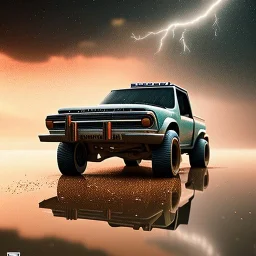 hyperrealistic shot, off-road truck, earth color palette, sharp focus, puddle reflection, tire water splash, refraction, lightning on the horizon, shadowcast, detailed and intricate, cinematic composition, micro, tilt shift photography