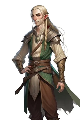 beautiful male on her thirties high elf ranger wearing medieval clothes with hands behind her back