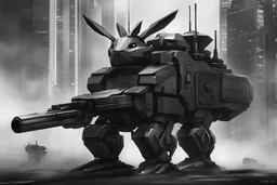 Rabbit mecha. It is black and very tank-like. Photograph.
