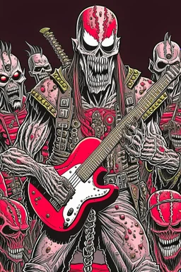 A hard rock band made up of Terminators play a song in front of the devil, and the devil holds his ears because it's too loud.