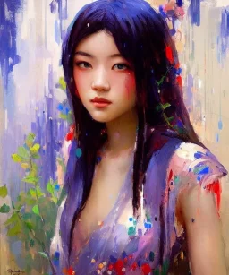 realist impressionist portrait of "The Curious Female" by Ross Tran rework. Masterpiece, best quality, painted impressionist brush strokes. paint drips and drabs and splatters by and by art nouveau and richard schmid . Paint spatters, drips, drabs, dynamic, artstation, artgerm