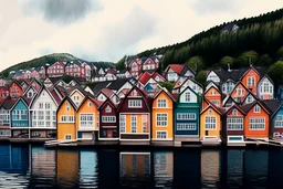 Colored pencil drawing, Very detailed, Realistic, Drawing of the colorfull houses in the city Bergen in Norway. Colorfull, professional, detailed, pencil strokes, calm composition, zoom out.