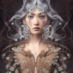 Insanely detailed photograph of an “portrait of gorgeous nordic goddess ” with intricate hair, intricate embroidered dress, beautiful clear face and hyperdetailed painting by Ismail Inceoglu Huang Guangjian and Dan Witz CGSociety ZBrush Central fantasy art album cover art,8K, hdr, romantic, mysterious, ominous, snowflakes, jewelry, comfort, natural eyes, arms open for embrace