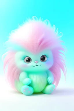Alien round and fluffy body,Its skin shimmers with an iridescent pastel hue, soft lavender, mint green, and baby blue. eyes are large, resembling holographic orbs that emit a gentle glow in various shades of pastel.cheeks are rosy and glittery star-shaped stickers.head is adorned with a voluminous mane of cotton candy-colored hair, styled in a combination of fluffy curls and pigtails. vibrant hair clips, featuring holographic unicorns, rainbows, and retro cassette tapes, backpack pastel