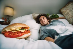 Subject & Action: A close-up, fisheye perspective, raw 35mm film photograph captures a user lying back against several soft, disheveled pillows in a messy bed. The viewer (implied POV) is holding a large, handmade, multi-layered sandwich (crusty sourdough, turkey, melting cheese, lettuce, tomato) slightly tilted, poised for a bite. Environment & Setting: The background is dominated by a vintage, oversized television set on a low stand at the foot of the bed. The screen is the primary light sour