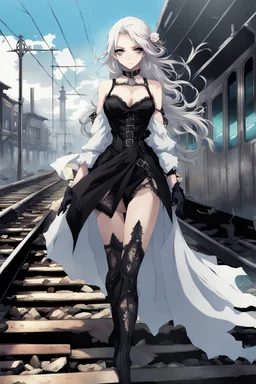 a captivating gothic anime girl, her ethereal beauty accentuated by porcelain skin and vibrant blue eyes. She stands firmly on a train track, legs wide apart, hands on hips, wearing a sleek black dress with lace details and a gun holstered on her thigh. Her flowing white hair billows in the wind as the smoky background portrays a chaotic scene of crumbling buildings and raging flames, emphasizing the imminent arrival of the train.