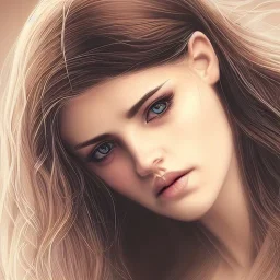 draw woman with Light-brown long hair, dark fantasy setting, ethereal, soft lighting, soft green eyes, medium cheeks, big forehead, wide chin, small nose, Portrait of mutant,sexy, perfect composition