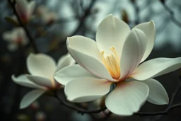 Melancholic, ultra-realistic vintage photograph of a The magnolia, atmosphere of quiet sadness and timeless beauty, cinematic, hyper-detailed, emotional and mesmerizing, bloom, aesthetic photo