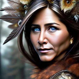 woolitize, Jennifer Aniston, rusty metal, feathers, Dryad, fae, sidhe, ominous, nature, plants, wildflower, facepaint, dnd character portrait, intricate, oil on canvas, masterpiece, expert, insanely detailed, 4k resolution, retroanime style, cute big circular reflective eyes, Pixar render, unreal engine cinematic smooth, intricate detail , soft smooth lighting, soft pastel colors