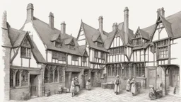 A Paved Courtyard, With Tudor Gothic Houses, Tall twisted Chimneys, twisted Roofs, People, Shops,