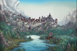 Steampunk, gaspunk, town, landscape, river, village, castle, mountains, houses in the rock, archway, modernised, tubes, copper