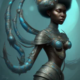 sango fantasy, fantasy magic, intricate, sharp focus, illustration, highly detailed, digital painting, concept art, matte, masterpiece head sexy view black African beauty black afro hair space lady turquoise carp skin African space landslide