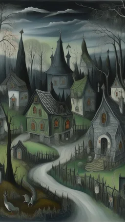 A black haunted village with spooky ghosts painted by Peter Carl Faberge