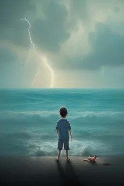 young boy looking out to sea with another man laying down behind him, dark clouds overhead, lightning, shopping trolley on side, dusk