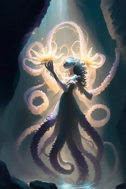 As she held the flower-poser aloft, its delicate petals seemed to shimmer with an otherworldly luminescence. Agatha's voice, filled with an unyielding conviction, resonated within the confines of the cave as she blessed the colossal octopus-robot with the ethereal power of hope, compassion, and the strength to defy the forces of darkness.